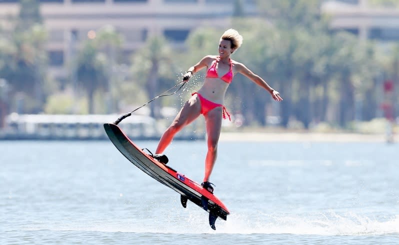 Rebecca Rempel in action on motorised surfboard. Picture: Lincoln Baker/The West Australian