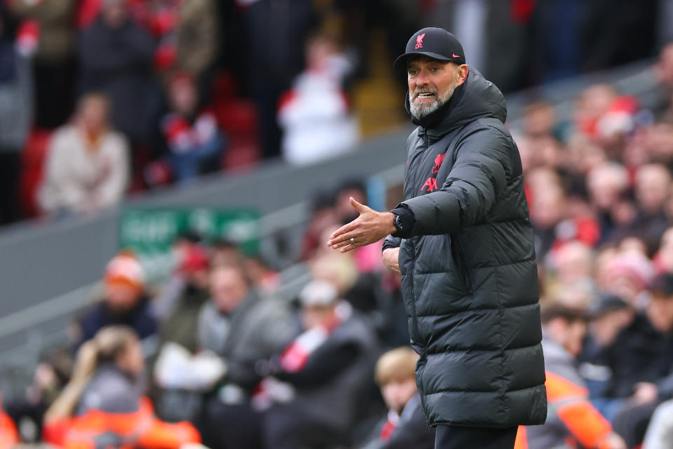 LIVERPOOL, ENGLAND - MARCH 05: Jurgen Klopp the head coach / manager of Liverpool during the Premier League match between Liverpool FC and Manchester United at Anfield on March 5, 2023 in Liverpool, United Kingdom. (Photo by Robbie Jay Barratt - AMA/Getty Images)