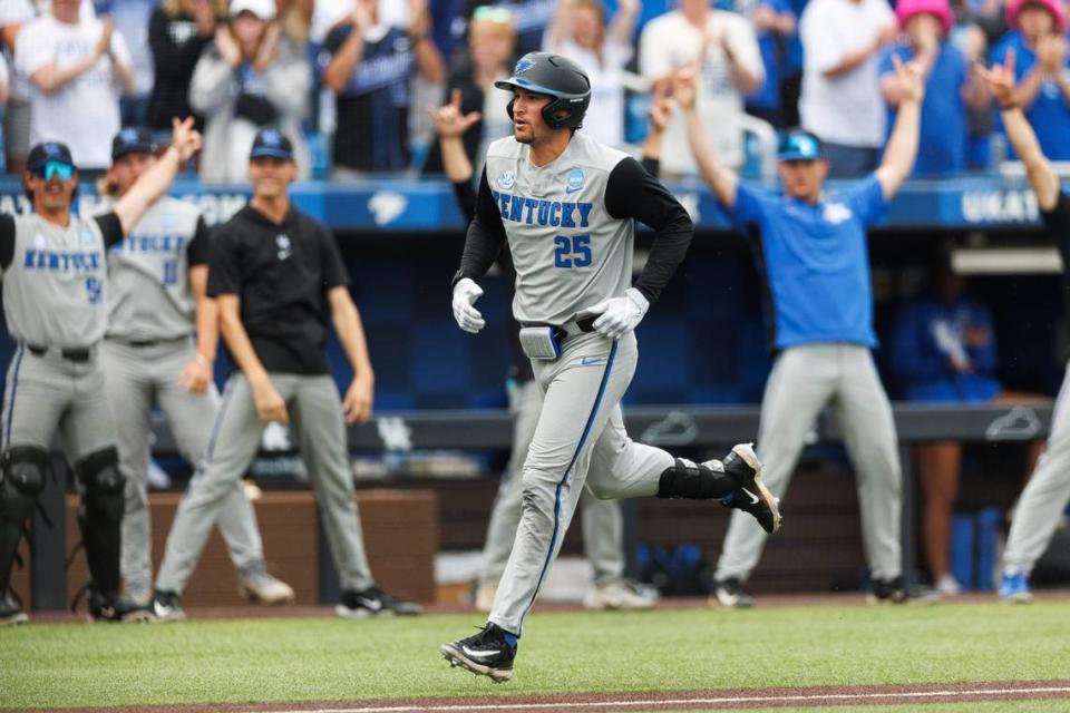 Kentucky’s Ryan Nicholson circles the bases after putting Kentucky on the scoreboard with a two-run homer in the second inning Saturday.