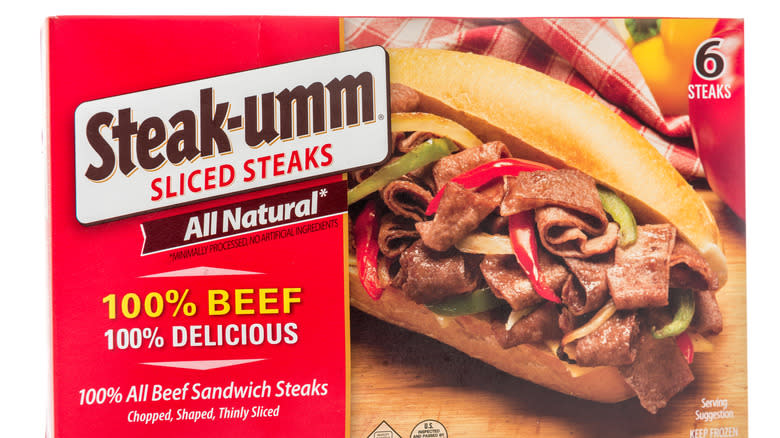 Front of a box of Steak-Umms