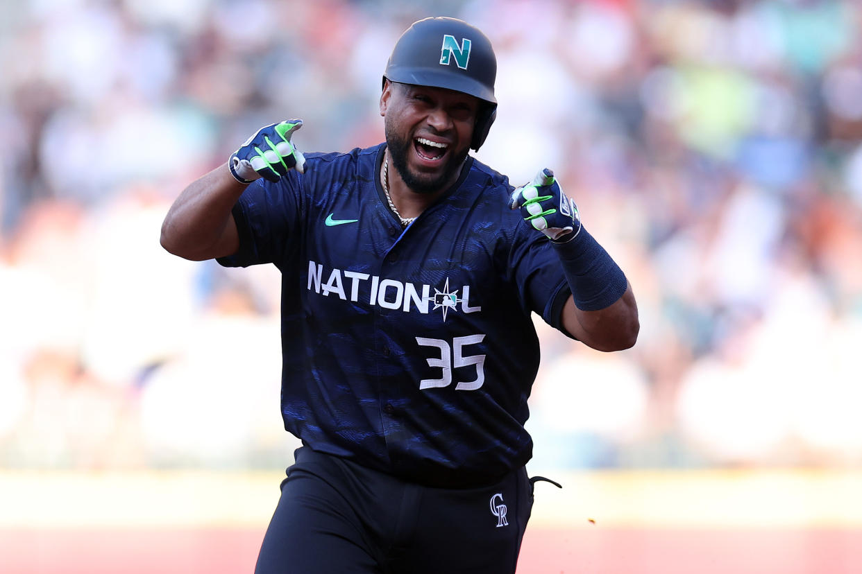 SEATTLE, WASHINGTON - JULY 11: Elias Díaz #35 of the Colorado Rockies celebrates after hitting a home run in the eight inning during the 93rd MLB All-Star Game presented by Mastercard at T-Mobile Park on July 11, 2023 in Seattle, Washington. (Photo by Steph Chambers/Getty Images)