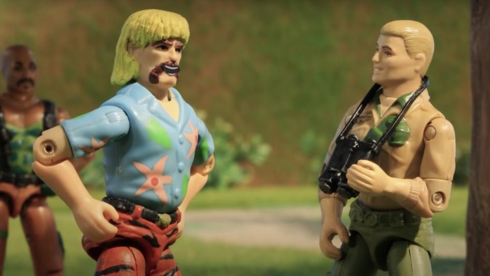 A G.I. Joe figure talking to Joe Exotic on Robot Chicken