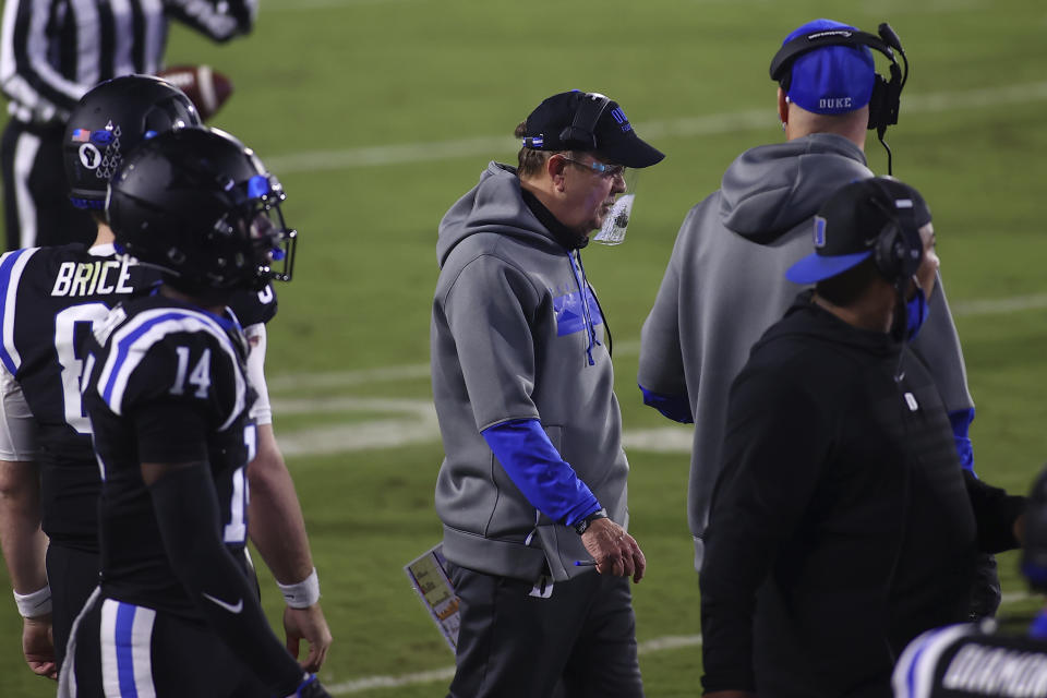 Duke coach David Cutcliffe stands along the sideline during the first half against Charlotte in an NCAA college football game Saturday, Oct. 31, 2020, in Durham, N.C. (Jaylynn Nash/Pool Photo via AP)