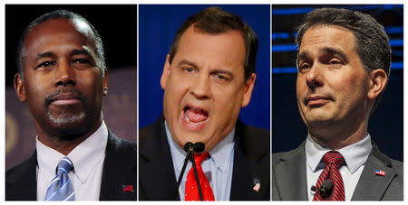 Former presidential candidate Ben Carson (L), Governor of New Jersey Chris Christie (C), and Governor of Wisconsin Scott Walker are pictured in this combination photo. REUTERS/File Photo