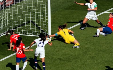 Chile goalkeeper Claudia Endler, center, makes a save during the Women's World Cup Group F soccer match between the United States and Chile - Credit: AP