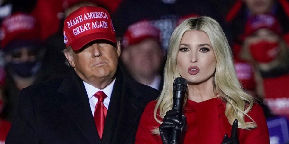 Ivanka Trump speaks at a campaign event with her father, then-President Donald Trump, in Kenosha, Wis., on Nov. 2, 2020.