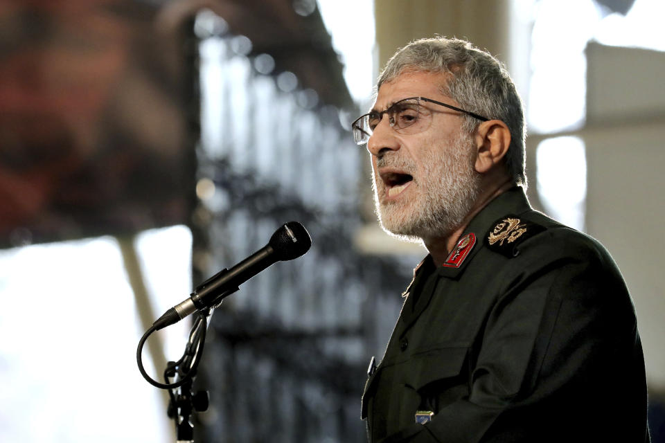 Gen. Esmail Ghaani, Soleimani's successor as the new head of Quds Force speaks during a ceremony on the occasion of first anniversary of death of the force's previous head Gen. Qassem Soleimani, in Tehran, Iran, Friday, Jan. 1, 2021. The top commander of Iran's paramilitary Revolutionary Guard said Friday that his country was fully prepared to respond to any U.S. military pressure, amid heightened tensions between Tehran and Washington in the waning days of President Donald Trump's administration. (AP Photo/Ebrahim Noroozi)