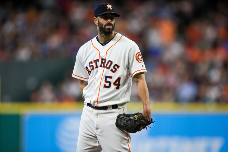 HOUSTON, TX - AUGUST 17: Houston Astros starting pitcher Mike Fiers (54) looks on in the fourth inning of a MLB game between the Houston Astros and the Arizona Diamondbacks at Minute Maid Park, Thursday, August 17, 2017. (Photo by Juan DeLeon/Icon Sportswire via Getty Images)