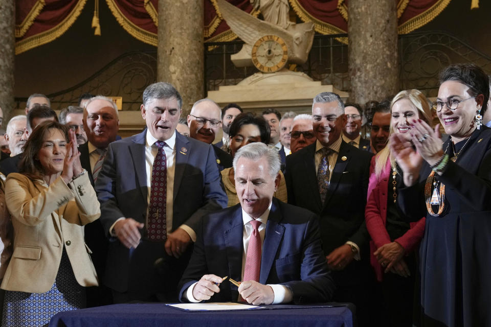 House Speaker Kevin McCarthy holds a bill enrollment ceremony to nullify the D.C. crime bill in March. 