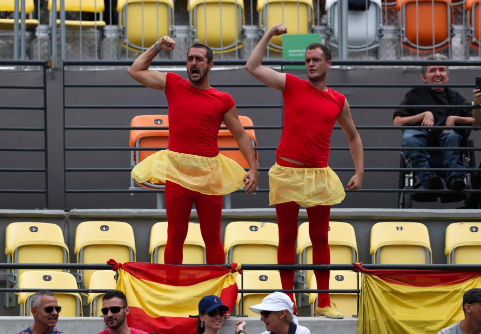 <p>Spanish fans cheer during the match between Spain’s Rafael Nadal and France’s Gilles Simon in the men’s tennis competition at the 2016 Summer Olympics in Rio de Janeiro, Brazil, Thursday, Aug. 11, 2016. (AP Photo/Vadim Ghirda) </p>