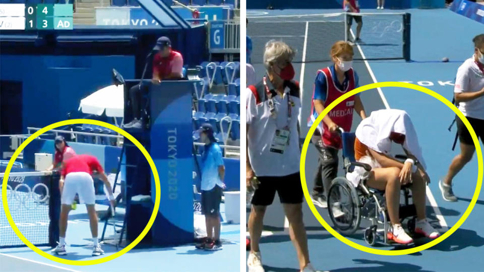 Paula Badosa (pictured right) wheeled off the court after feeling ill at the Tokyo Olympics and (pictured left) Daniil Medvedev arguing with the chair umpire over the heat.