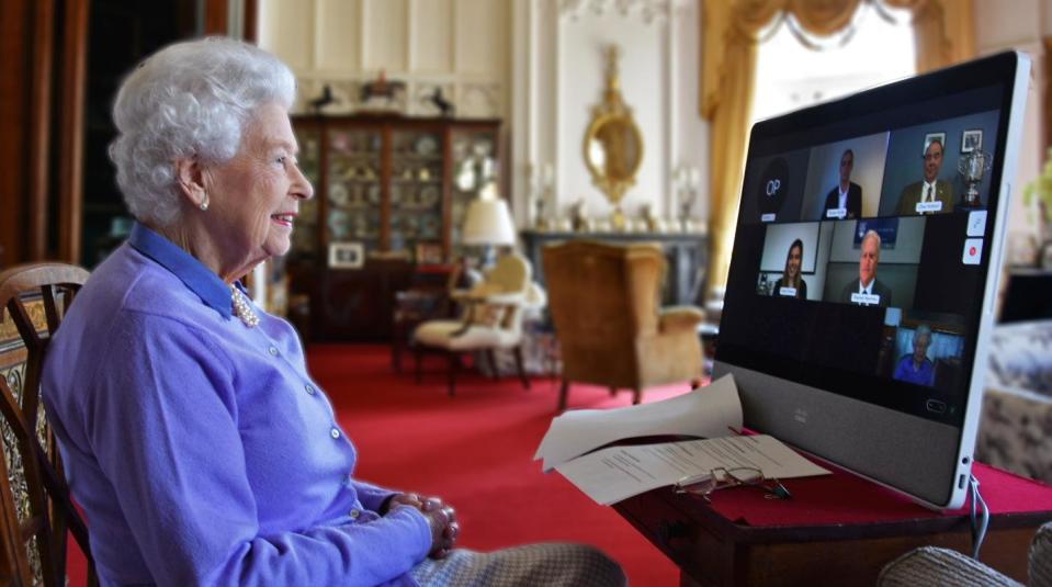 Queen Elizabeth II speaks to the Royal Life Saving Society  via video call from Windsor Palace in a picture released May 10, 2021 by Buckingham Palace.