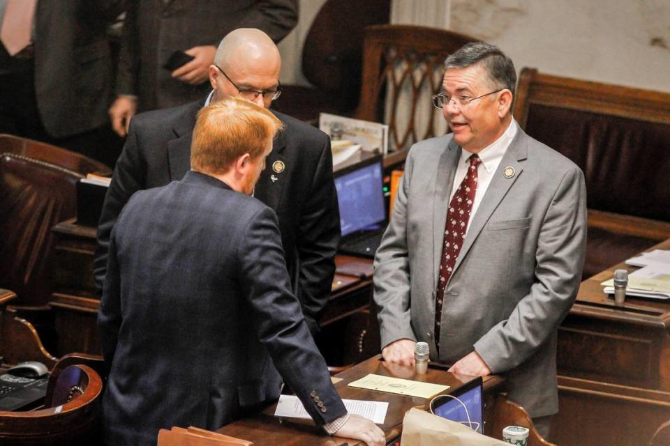 From left, Rep. Josiah Magnuson, Rep. Rob Harris and Rep. John McCravy during a House of Representatives session in Columbia, S.C. on Tuesday, March 14, 2023. (Travis Bell/STATEHOUSE CAROLINA)