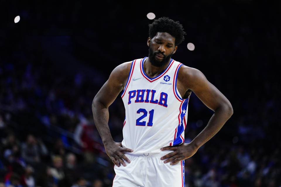 Philadelphia 76ers' Joel Embiid pauses during the first half of an NBA basketball game against the Minnesota Timberwolves, Saturday, Nov. 27, 2021, in Philadelphia. (AP Photo/Matt Slocum)