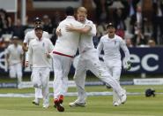 England’s Ben Stokes celebrates taking the wicket of New Zealand’s Captain Brendon McCullum on May 25, 2015