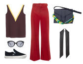 <p>The funktastic shoulder bag will go perfectly with a Wes Andersonis-ish ensemble. Pairing your red flared trouser with a vintage-inspired burgundy top is a bit kooky, but still stylishly on point. A simple, thin silk scarf will add some needed sophistication.</p>