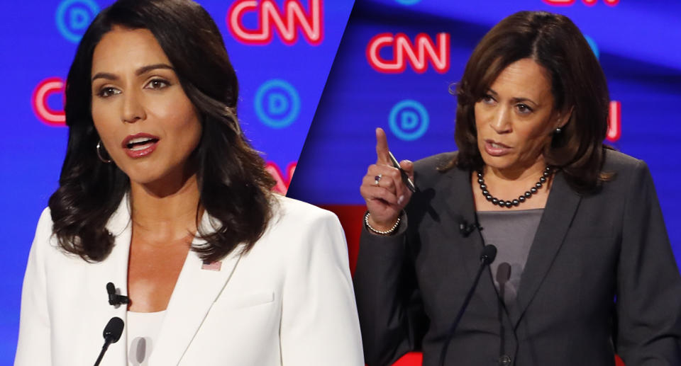 Tulsi Gabbard, left, and Kamala Harris 