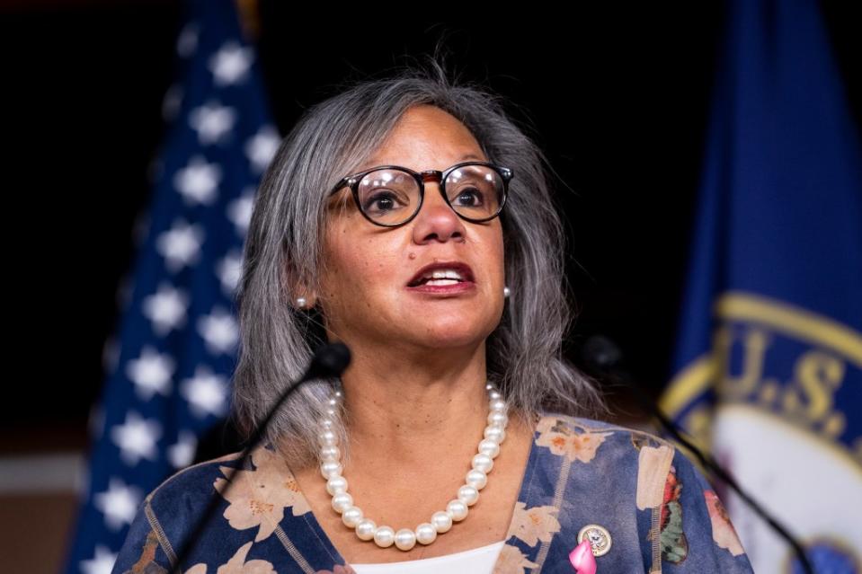 UNITED STATES – OCTOBER 27: Rep. Robin Kelly, D-Ill., speaks during the Congressional Black Caucus news conference in the Capitol on Black priorities in the infrastructure bill and the Build Back Better agenda on Wednesday, Oct. 27, 2021. (Photo by Bill Clark/CQ-Roll Call, Inc via Getty Images)