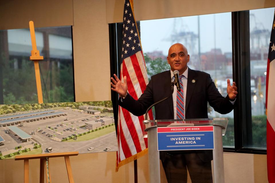Federal Highway Administrator Shailen Bhatt announces a $15.3 million grant for port improvements on Friday, May 10, 2024 at the Georgia Ports Authority.