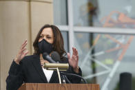 FILE - In this Sept. 11, 2020 file photo, Democratic vice presidential candidate Sen. Kamala Harris, D-Calif., speaks during the Fairfax 9/11 Remembrance Ceremony, in Fairfax Va., held at the Fairfax County Public Safety Headquarters. On Friday, Sept. 24 The Associated Press reported on stories circulating online incorrectly claiming Harris’ family came from India to Jamaica to exploit Black slaves. Harris did not make that statement, and there is no evidence anyone in her family went from India to Jamaica to benefit from the slave trade as social media posts falsely suggest. (AP Photo/Jacquelyn Martin, File)