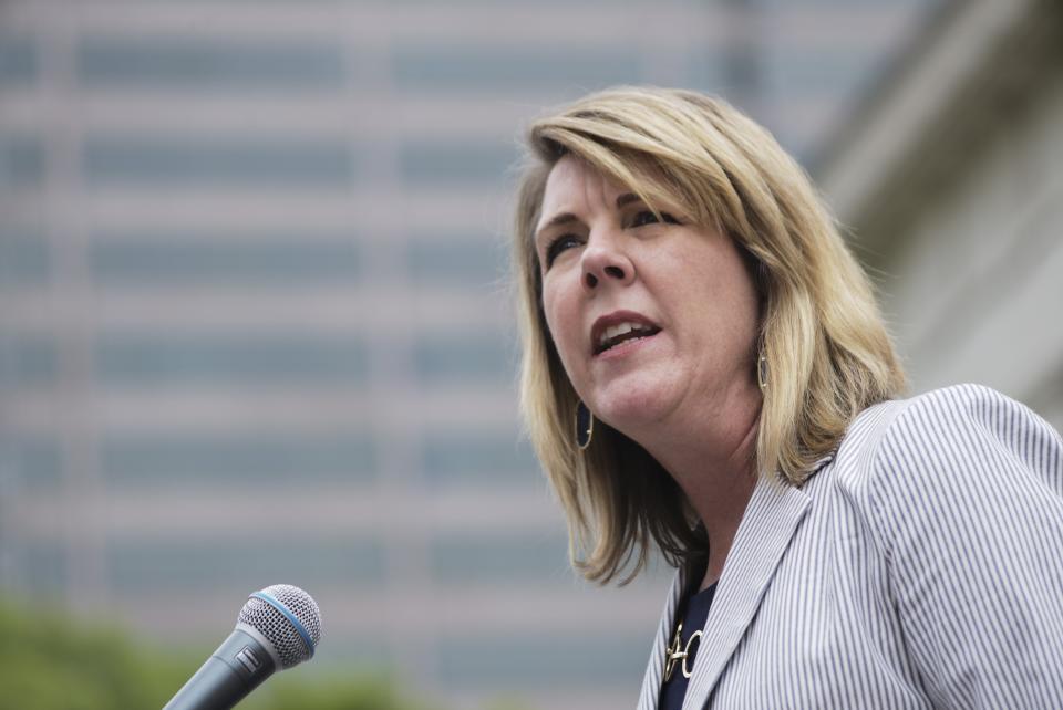 Ohio Rep. Allison Russo (D-Upper Arlington) speaks alongside Ohio Democratic gubernatorial candidate and Dayton Mayor Nan Whaley, not pictured, as they unveil an anti-corruption plan during a press conference on Tuesday, June 1, 2021 at the Ohio Statehouse in Columbus, Ohio. 