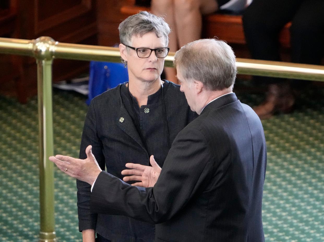 Sen. Sarah Eckhardt, D-Austin, shown speaking in October with Sen. Brian Birdwell, R-Granbury, questioned Friday whether SB 6 might have unintended consequences.