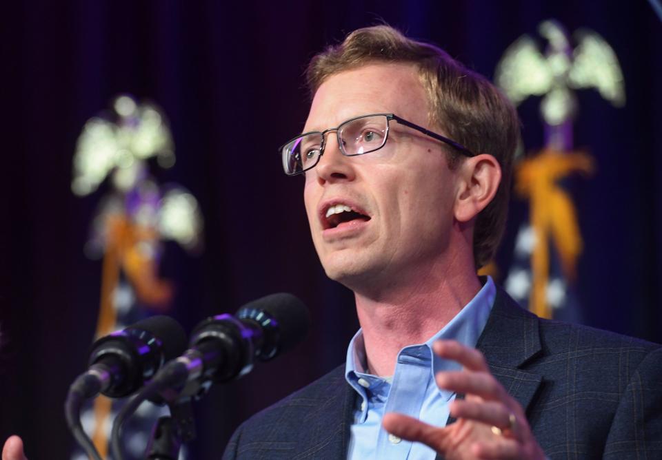 U.S. Representative Dusty Johnson speaks after winning re-election on Tuesday evening, November 8, 2022, at the Hilton Garden Inn in Sioux Falls.