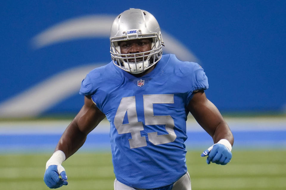 FILE - Detroit Lions fullback Jason Cabinda plays against the Houston Texans during the first half of an NFL football game in Detroit, in this Thursday, Nov. 26, 2020, file photo. The Detroit Lions are counting on converted linebacker Jason Cabinda to play a key role on offense under first-year coach Dan Campbell. (AP Photo/Paul Sancya, File)