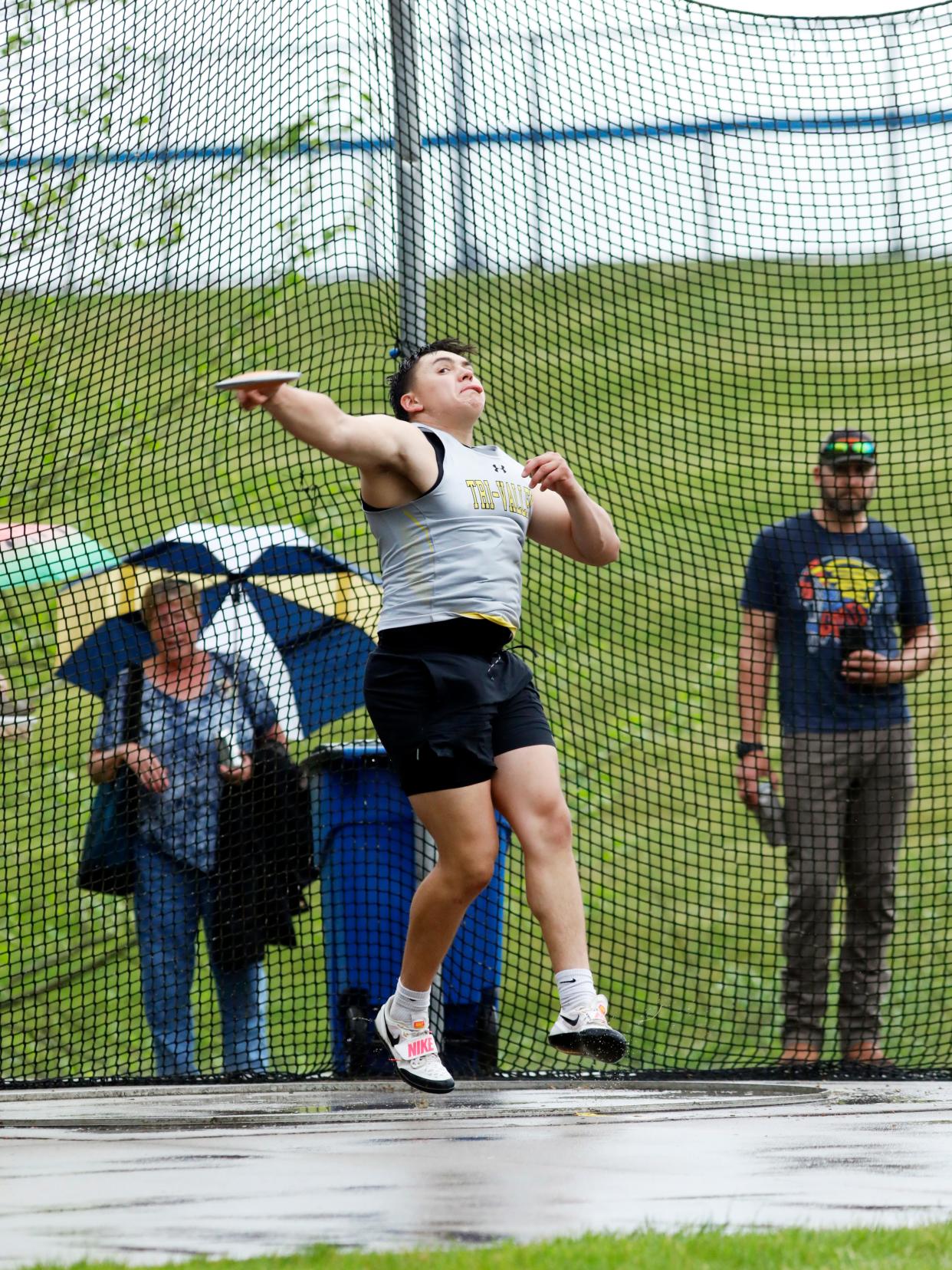 Tri-Valley's Chris Gargasz throw the discus during the Jerry Neal Invitational on Friday at the Maysville Athletic Complex.