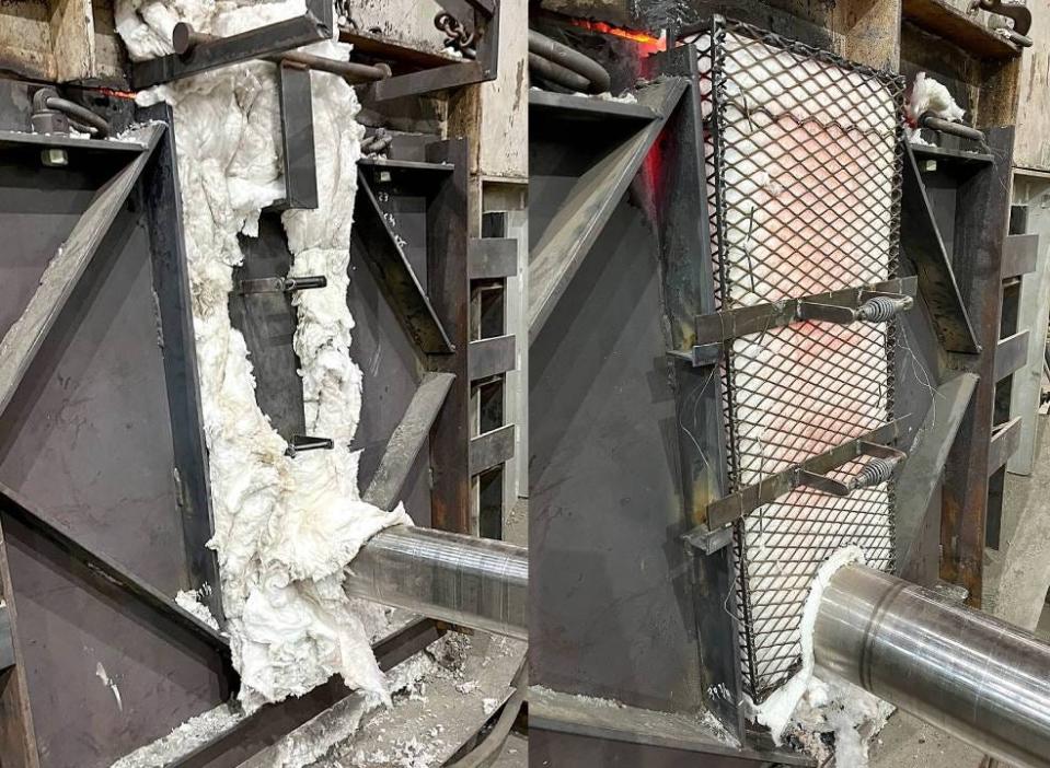 The photo on the left shows what Ellwood Crankshaft Group's furnace doors looked like before Kuhar designed new ones. The photo on the right is Kuhar's final design.