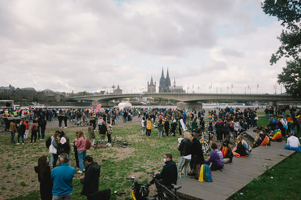 People participate in annual Christopher Street Bicycle Parade in Cologne, Germany.