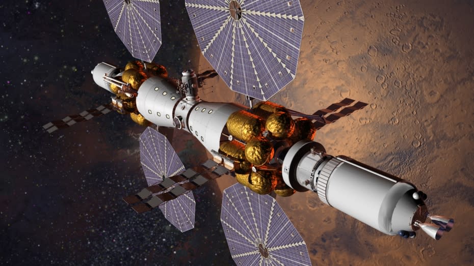 Artist's illustration of the "Mars Base Camp" space station proposed by aerospace company Lockheed Martin.