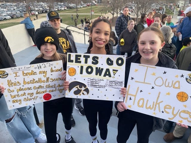 Sawyer Smith, left, Karmella Moore, center, and Callie Krabetsky traveled from Pittsburgh to watch Caitlin Clark play at Maryland.