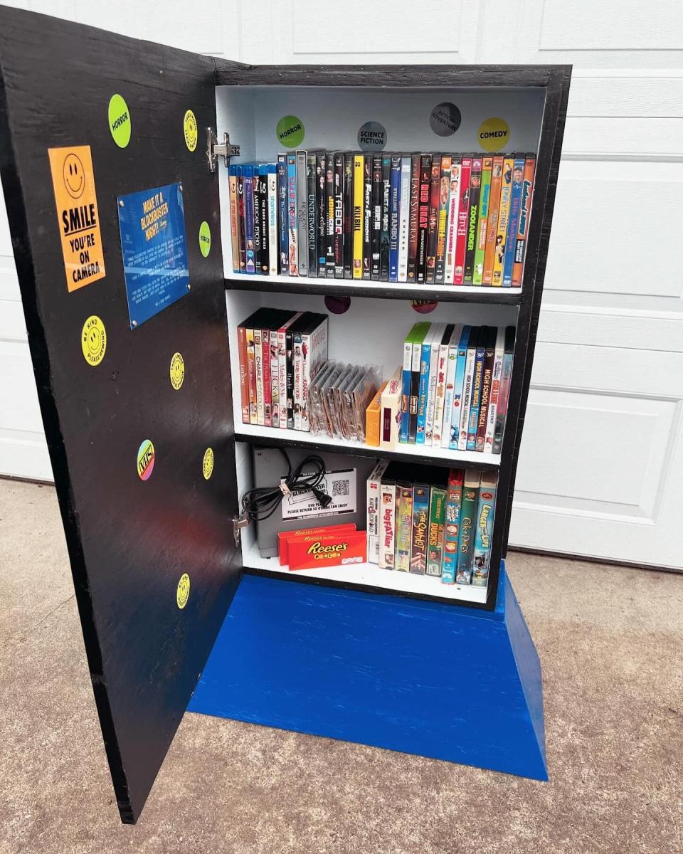 The inside of the Free Blockbuster Louisville stand built and designed by Anthony Leo before it was stolen.