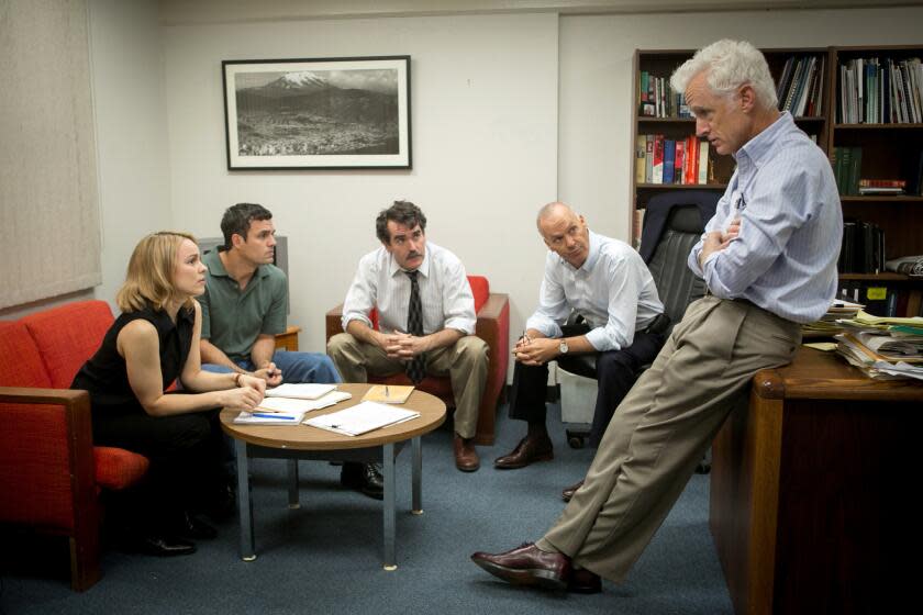 This photo provided by courtesy of Open Road Films shows, Rachel McAdams, from left, as Sacha Pfeiffer, Mark Ruffalo as Michael Rezendes, Brian d'Arcy James as Matt Carroll, Michael Keaton as Walter "Robby" Robinson and John Slattery as Ben Bradlee Jr., in a scene from the film, "Spotlight." (Kerry Hayes/Open Road Films via AP)