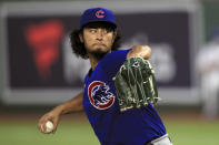 Chicago Cubs starting pitcher Yu Darvish delivers to a Kansas City Royals batter during the fifth inning of a baseball game at Kauffman Stadium in Kansas City, Mo., Wednesday, Aug. 5, 2020. (AP Photo/Orlin Wagner)