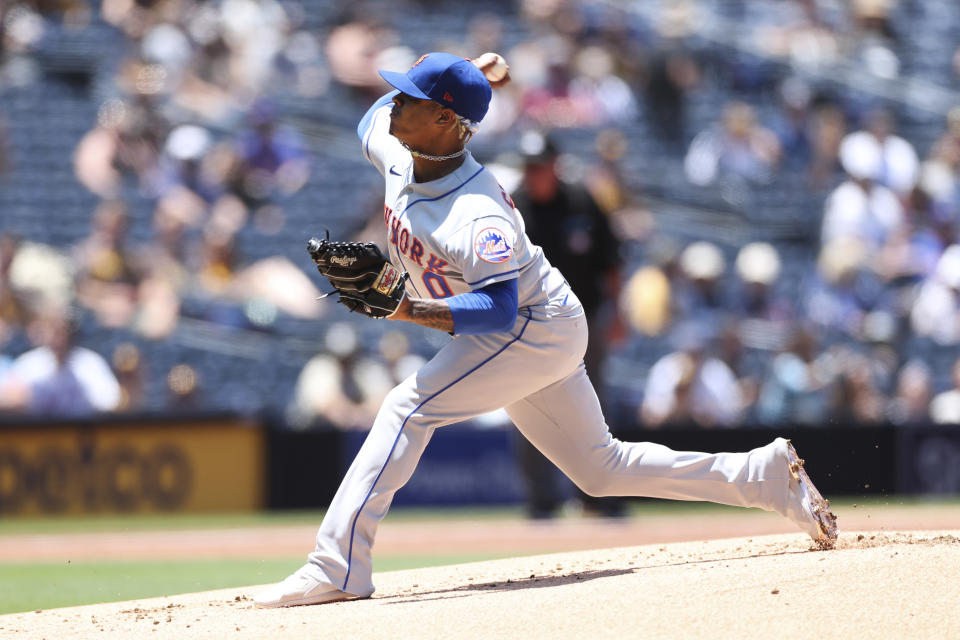 New York Mets starting pitcher Marcus Stroman delivers a pitch in the first inning of a baseball game against the San Diego Padres Sunday, June 6, 2021, in San Diego. (AP Photo/Derrick Tuskan)