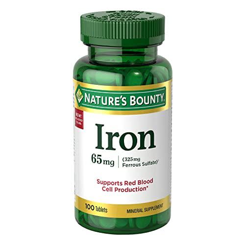 Nature’s Bounty Iron 65mg, 325 mg Ferrous Sulfate, Cellular Energy Support, Promotes Normal Red Blood Cell Production, 100 Tablets