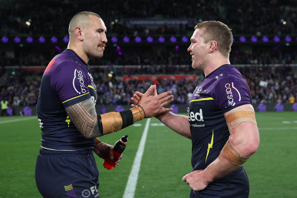 Nelson Asofa-Solomona embraces Josh King.