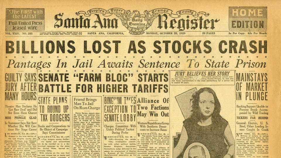 Santa Ana Register front page headline that reads BILLIONS LOST AS STOCKS CRASH