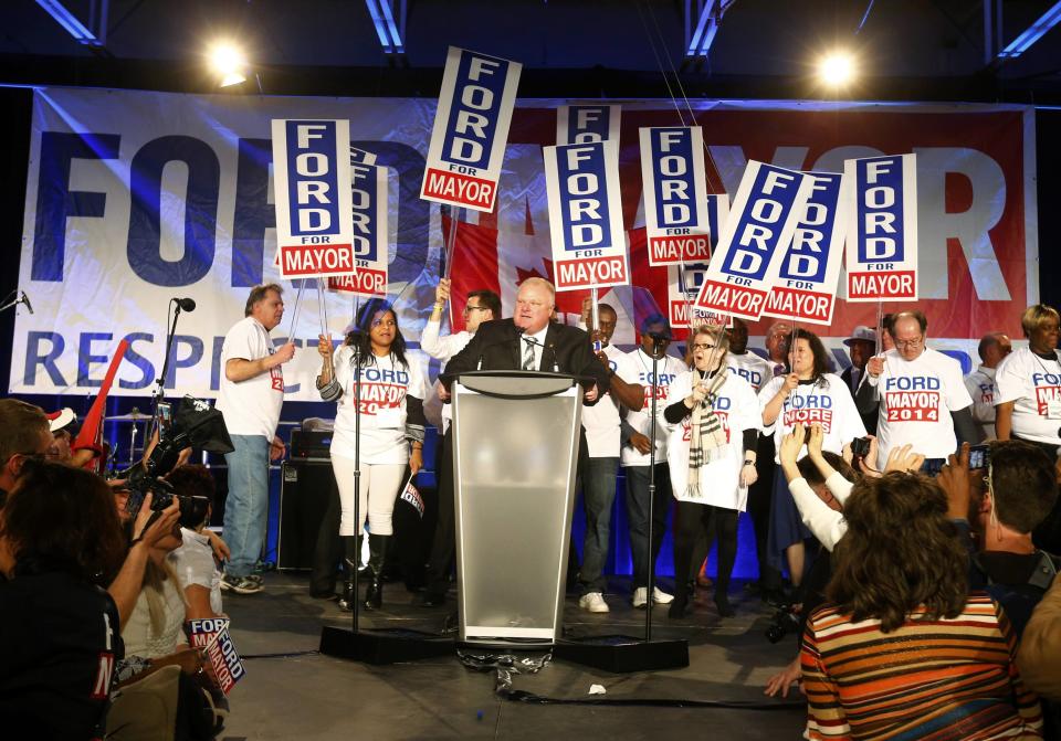 Toronto Mayor Rob Ford addresses supporters on the podium during his campaign launch party in Toronto, April 17, 2014. Ford is seeking re-election in the Toronto municipal election, set for October 27, 2014.