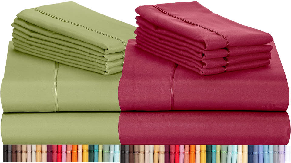 Stacks of sheets and pillow cases showing all available colors. 