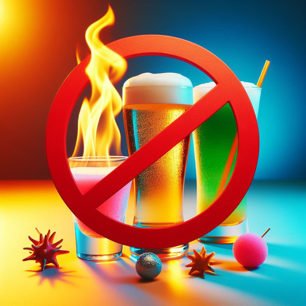 AI generated image of a flaming shot, beer, and cocktail with a prohibited symbol over them