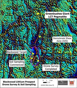 Drone survey completed at the Blackwood Prospect which lies on the Donnybrook Shear Zone that hosts the Greenbushes Mine, shown over the regional RTP 1VD Collie & Pemberton Magnetic Images. Soil Sampling commenced over EW dilutional zones along NW trending structures off the DZS