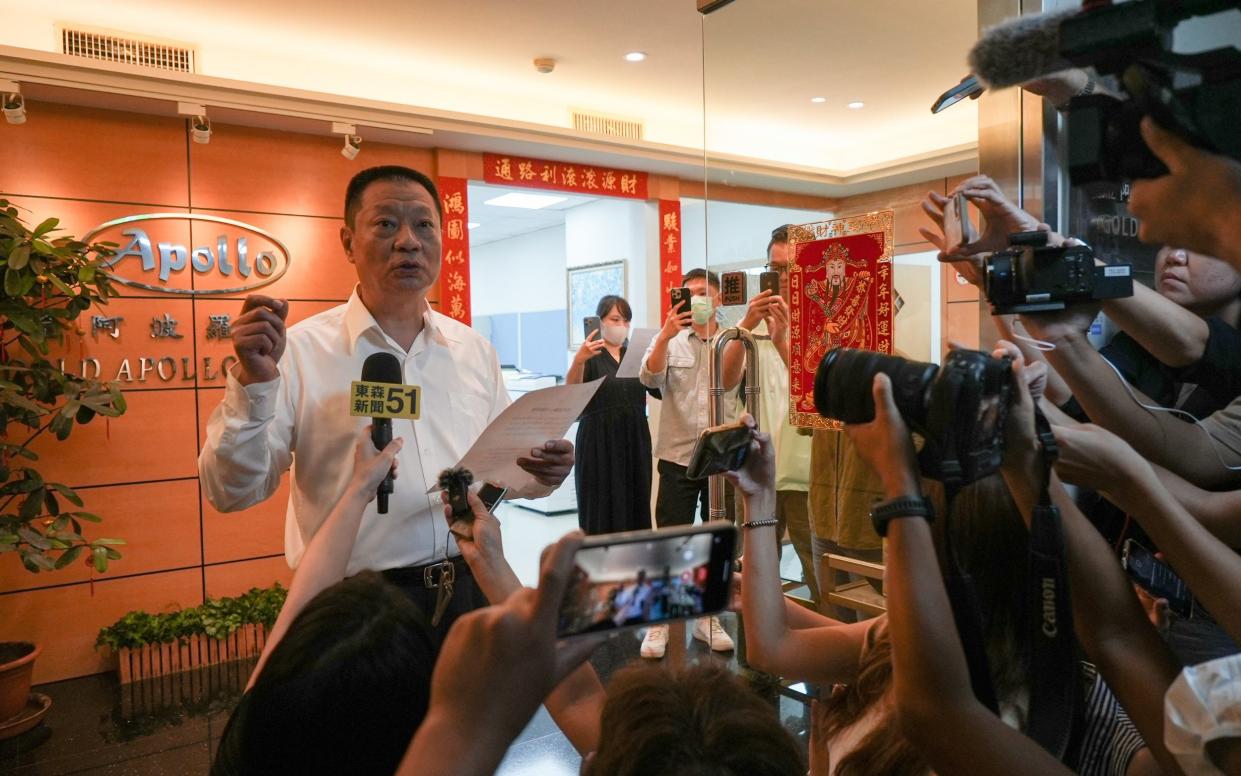 Hsu Ching-Kuang, head of Taiwanese company Gold Apollo, speaks to the media in Taipei on Sep 18