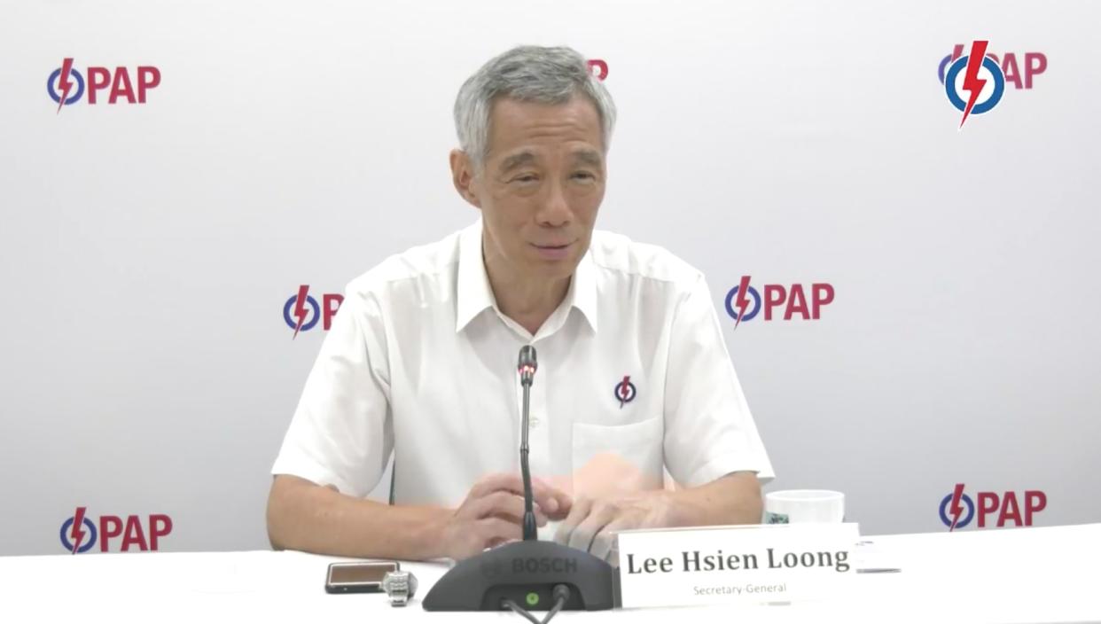 Singapore Prime Minister Lee Hsien Loong during a PAP virtual media conference to introduce candidates for Ang Mo Kio GRC for upcoming General Election. (PHOTO: Screenshot/Facebook)