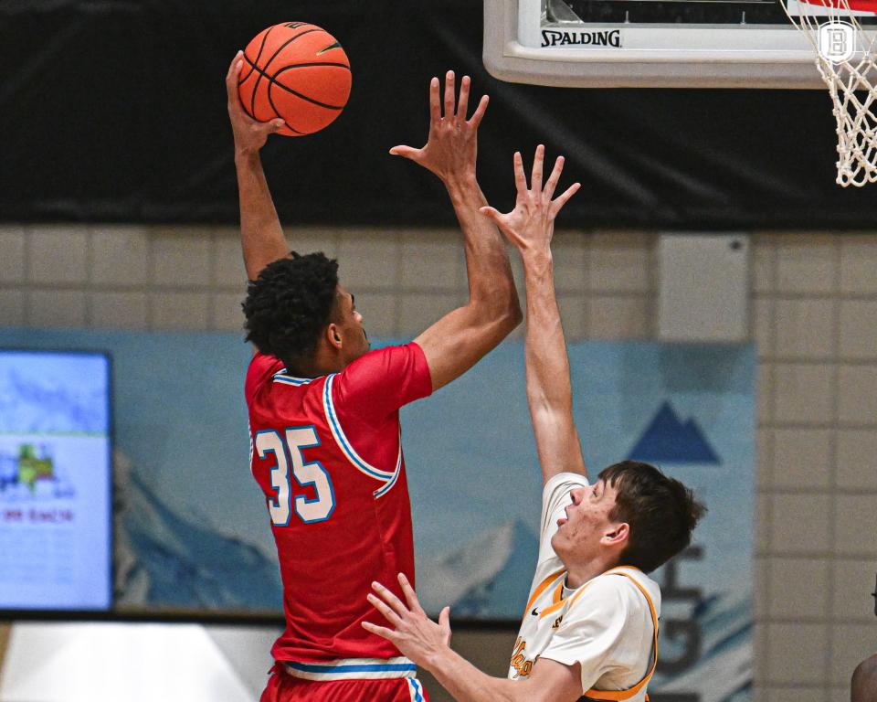 Bradley's Darius Hannah goes up for a shot against Valparaiso in a Missouri Valley Conference men's basketball game on Wednesday, Jan. 3, 2024, in Valparaiso, Indiana.