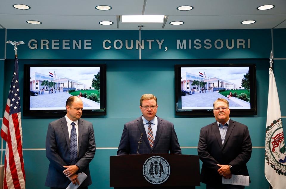 Greene County Presiding Commissioner Bob Dixon presents the County Campus Plan with commissionersRusty MacLachlan (right) and John Russell to the publicÊat the Greene County Public Safety Center on Friday, July 29, 2022. The Campus Plan is a proposal of existing facility renovations and possible future expansions of the Greene County Judicial Courts Facility, former SheriffÕs Office & Jail, Administration Building, and Historic Courthouse.