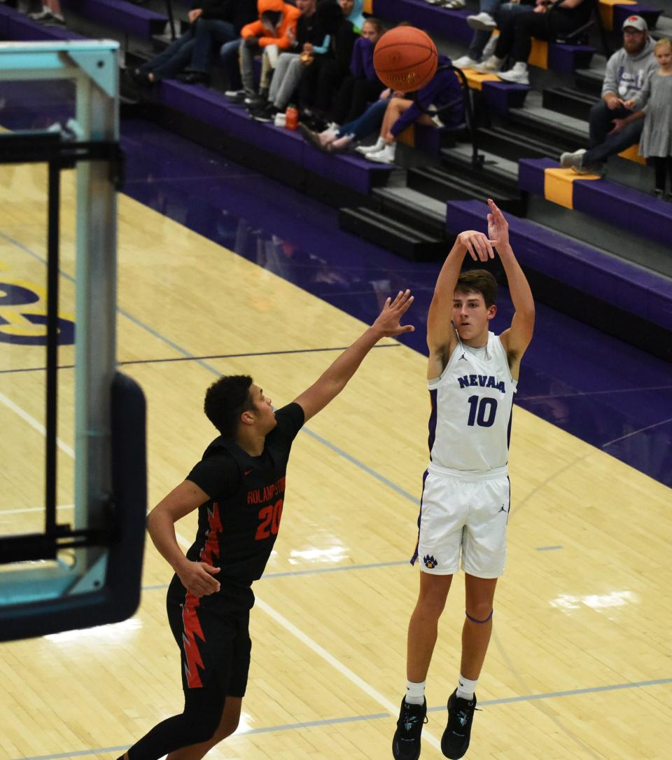 Alec Higgins stepped up with 14 points in Nevada's 79-56 loss to defending HOIC champion Roland-Story Dec. 6 in Nevada.