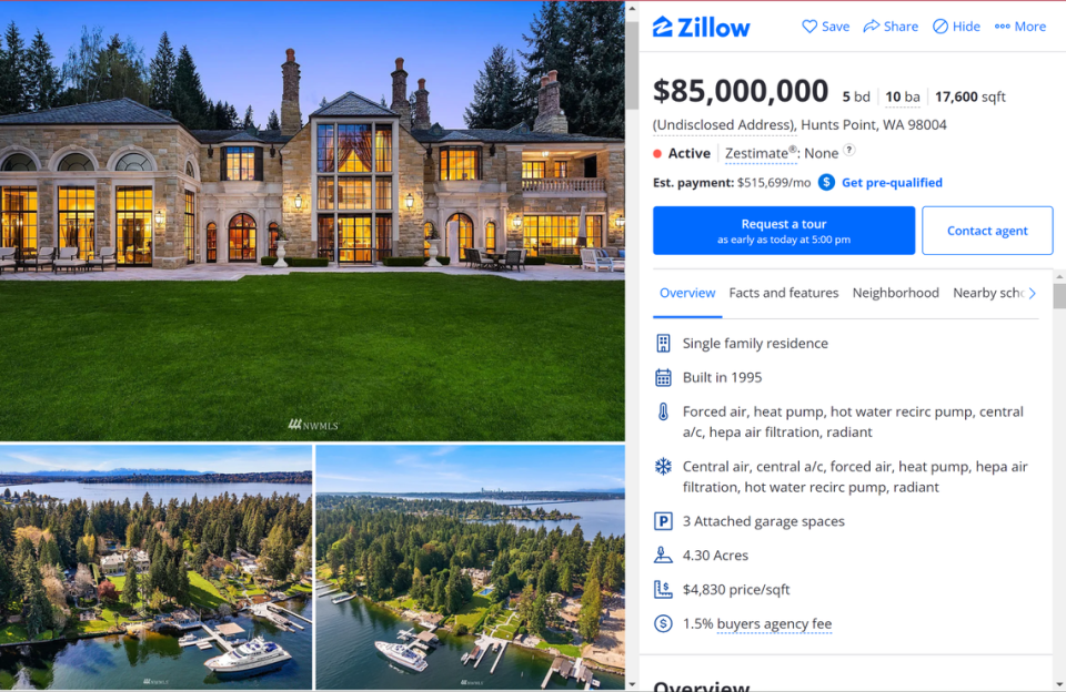 Although its address is undisclosed, this is the most expensive house currently on the market in Bellevue’s 98004 zip code.